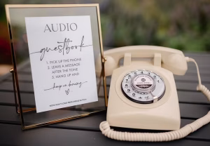 Montreal wedding guest leaving a voice message in a stylish audio guest book