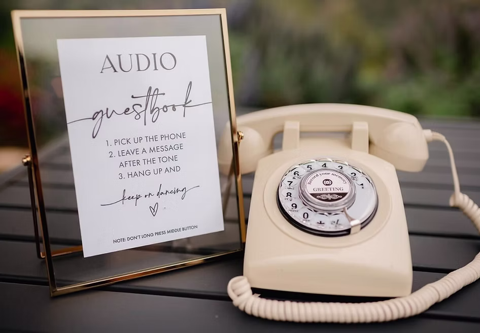Montreal wedding guest leaving a voice message in a stylish audio guest book