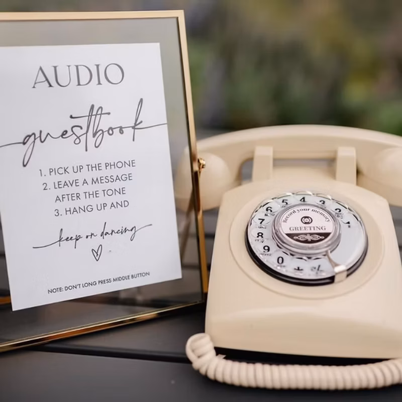 Montreal wedding guest leaving a voice message in a stylish audio guest book